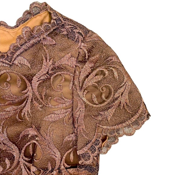 Rimini by Shaw bronze metallic embroidered short sleeve dress scalloped hems 8 - Picture 7 of 12